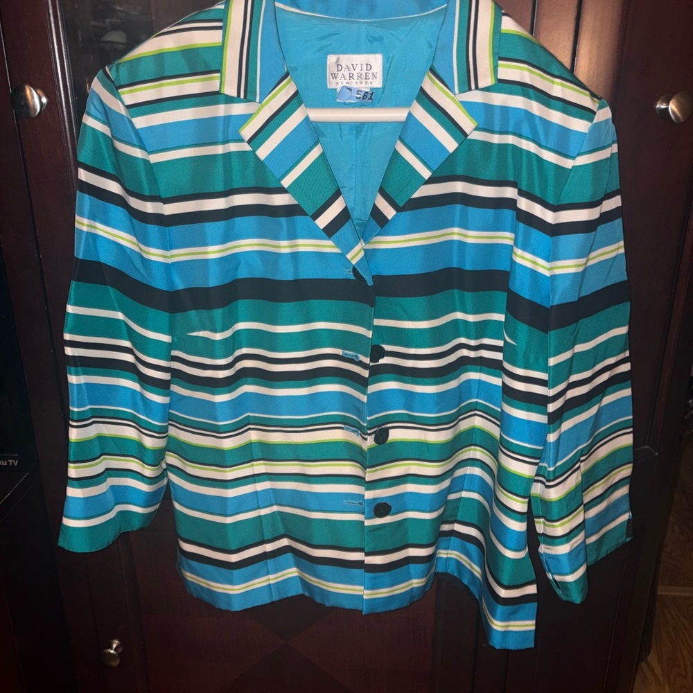David Warren Women's Striped Blazer - Blue and Green Vintage Y2K